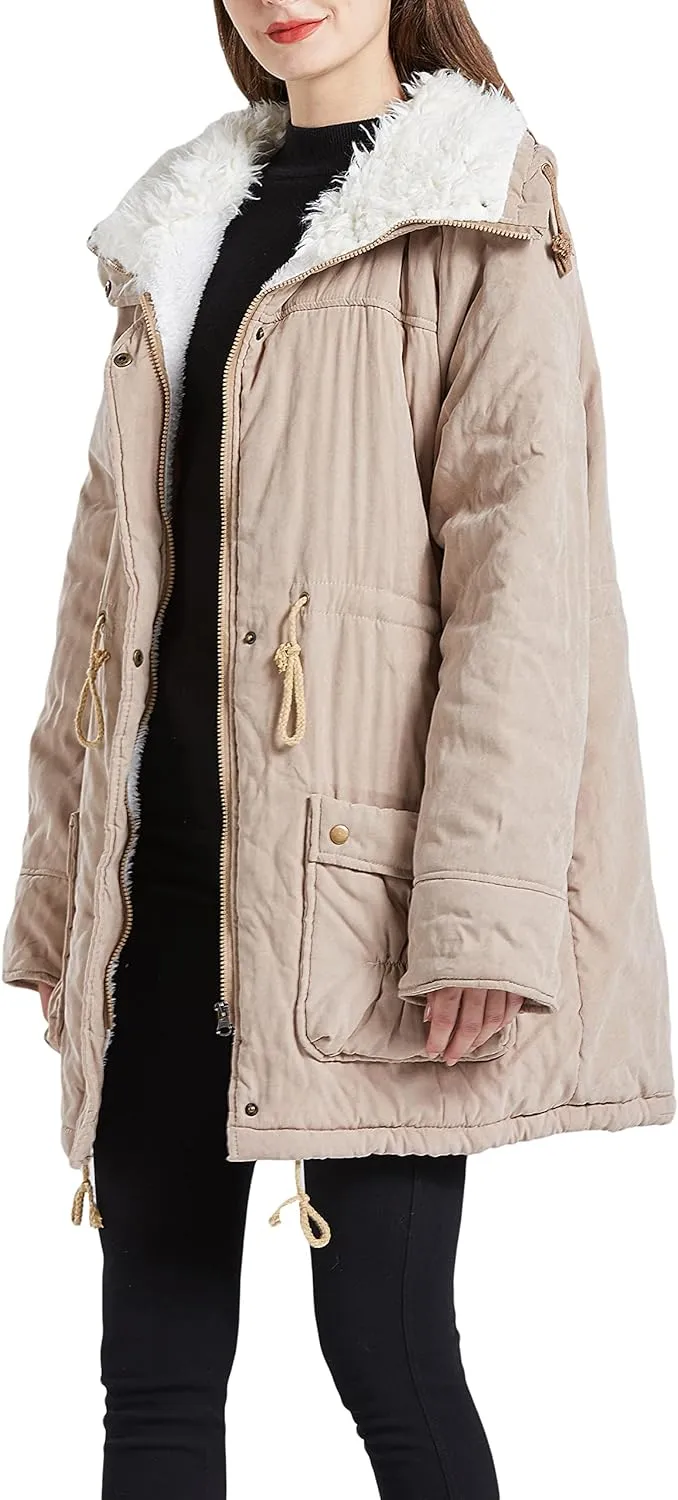 Women's Winter Mid Length Thick Warm Faux Lamb Wool Lined Jacket Coat