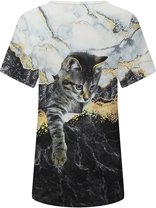Women's T shirt Tee Black White Blue Graphic Cat Print Short Sleeve Daily Weekend Vintage Round Neck Regular 3D Cat Painting S