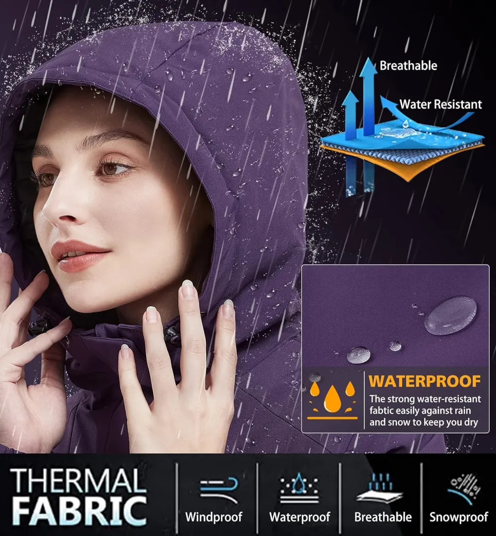 Women's Waterproof Mountain Ski Snow Jacket with Fleece Outdoor Windproof Raincoat Hooded for Fall and Winter