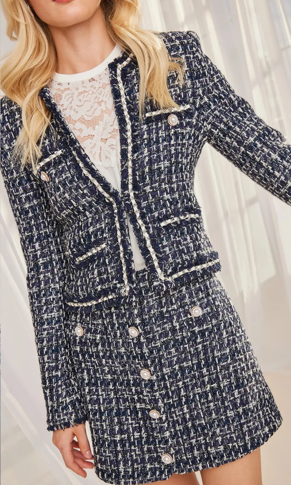 Plaid Decorative Button Tweed Skirt