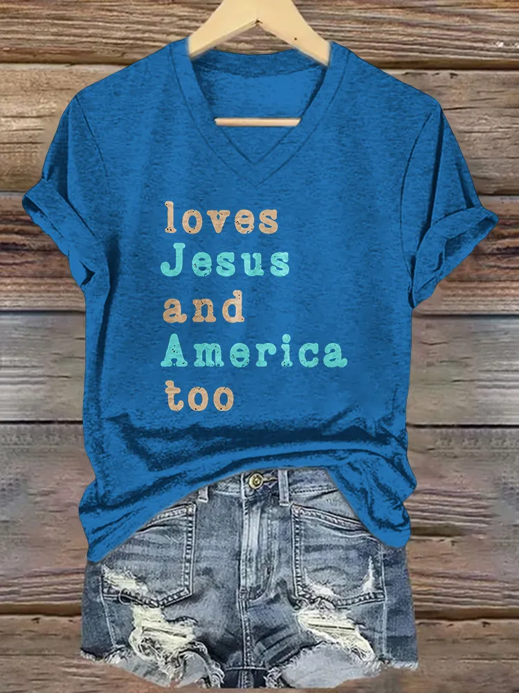 Women'S Loves Jesus Ang America Too T-Shirt