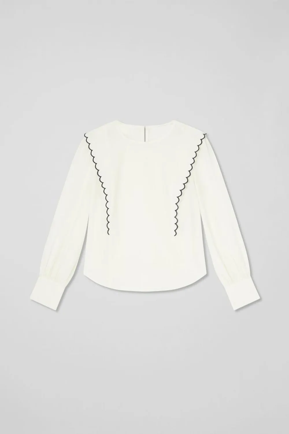 White Scallop Detail Long Sleeve Blouse