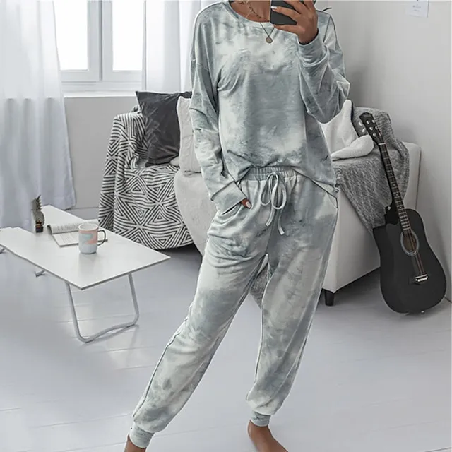 Women's Loungewear Sets Tracksuits 2 Pieces Tie Dye Sport Simple Casual Home Street Airport Polyester Crew Neck Long Sleeve Pullover Pant Elastic Waist Winter Fall Green Blue