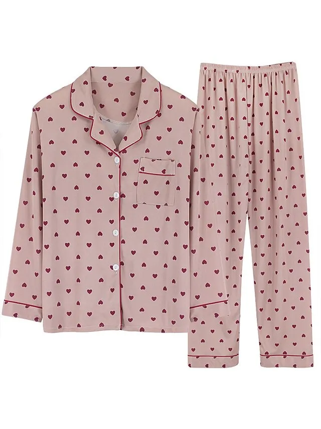Women's Pajamas Sets Heart Grid / Plaid Fashion Comfort Soft Home Daily Bed Satin Breathable Lapel Long Sleeve Shirt Pant Button Pocket Fall Winter Light Pink Lotus Pink