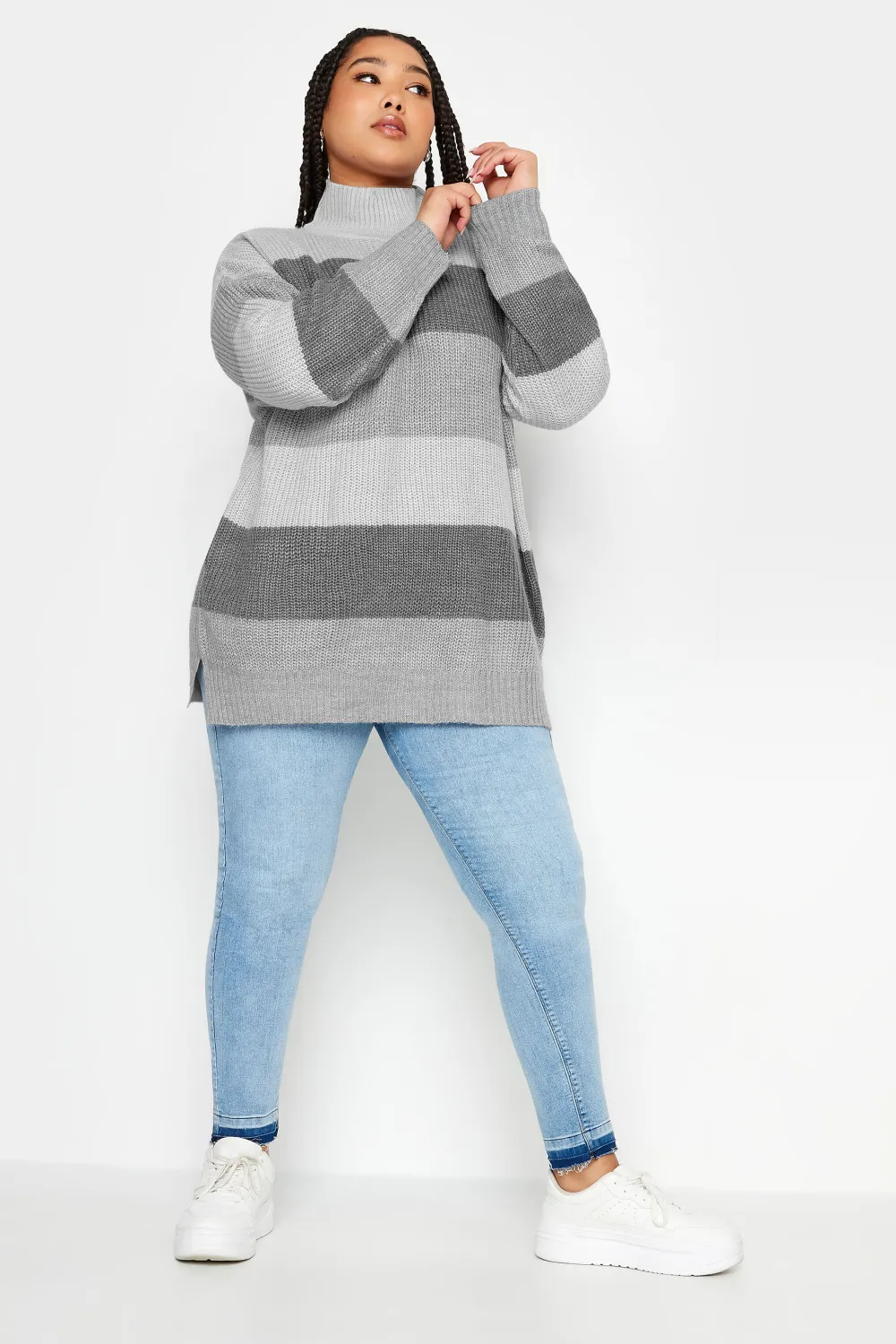 YOURS Curve Grey Stripe High Neck Knitted Jumper