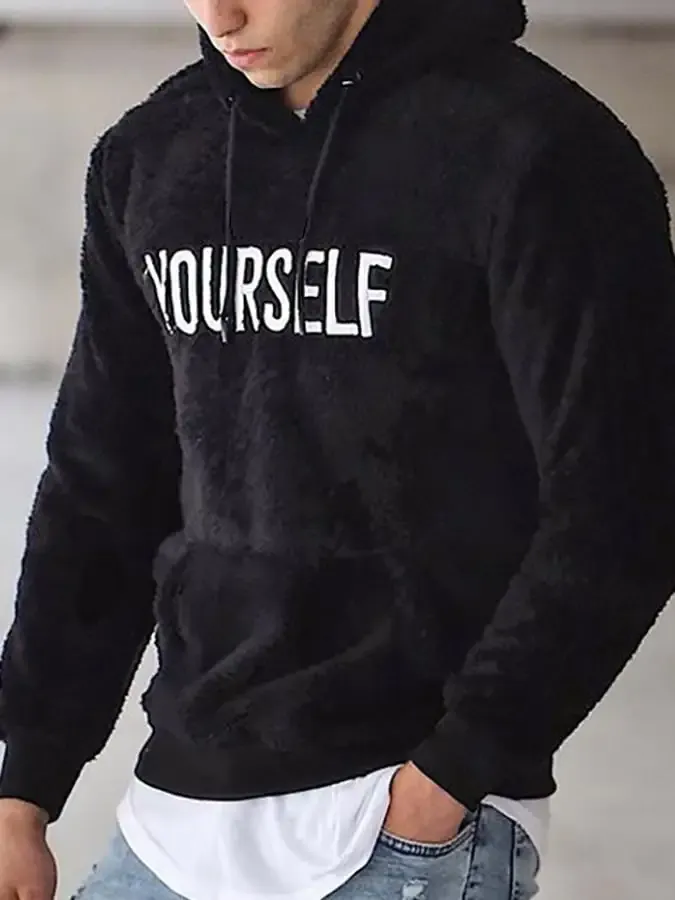 Men's Casual Pocket Letter Embroidered Fleece Pullover Hoodie