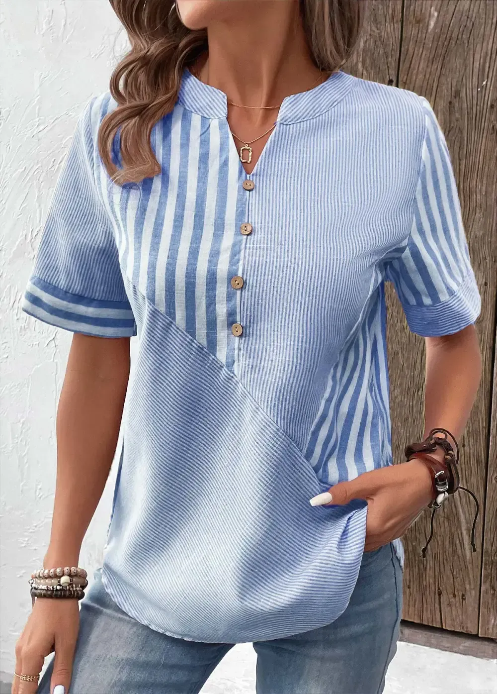 Light Blue Patchwork Striped Short Sleeve Split Neck Blouse