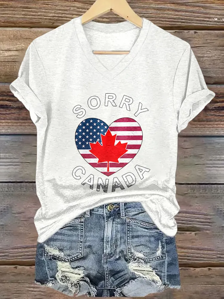 Sorry Canada Printed V-Neck Short-Sleeved T-Shirt