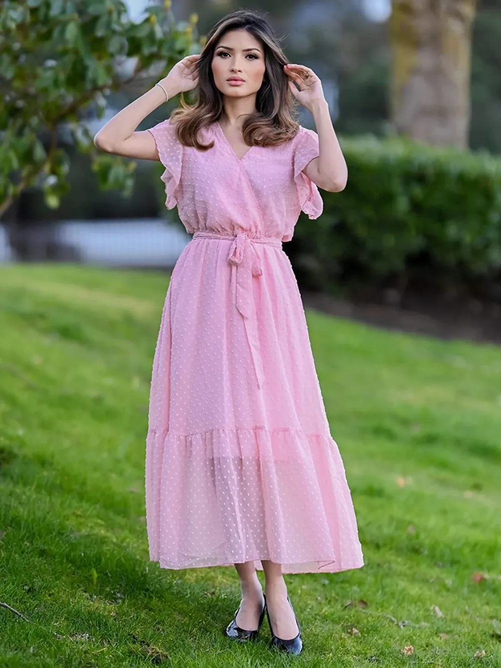 Women Summer Bohemian Floral Casual Wrap V Neck Ruffle Cap Sleeveless Belt A-Line Pleated Hem Swing Midi Sun Dress