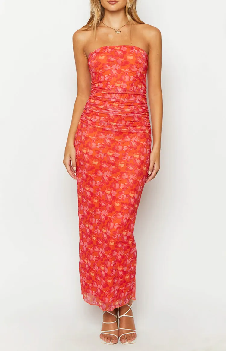 Orange Floral Ruched Strapless Dress