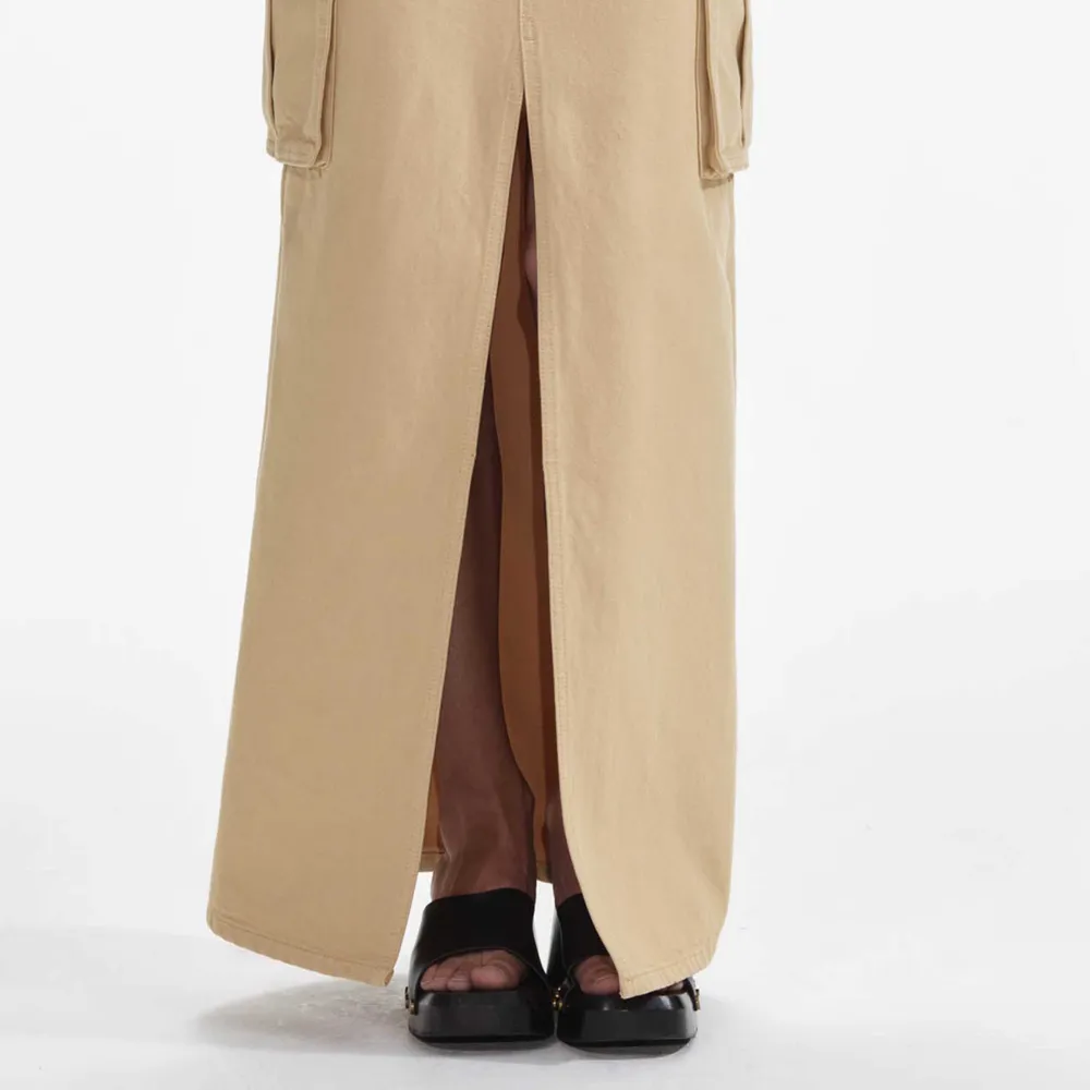 Embellished Denim Cargo Maxi Skirt