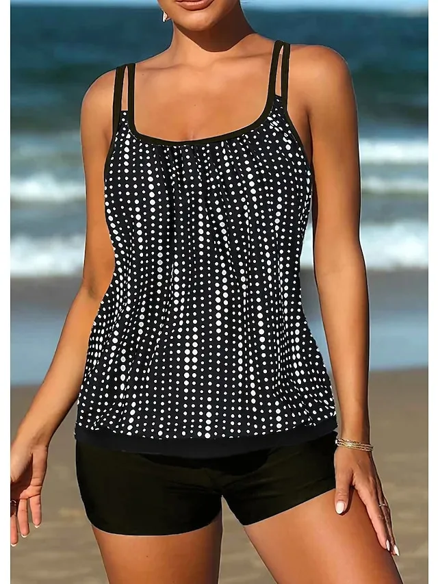 Women's Swimwear Tankini 2 Piece Normal Swimsuit 2 Piece Printing Polka Dot Black Tank Top Bathing Suits Sports Beach Wear Summer