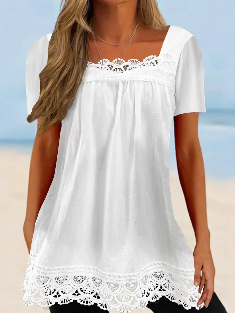 Women's Lace Short Sleeve U-neck Top