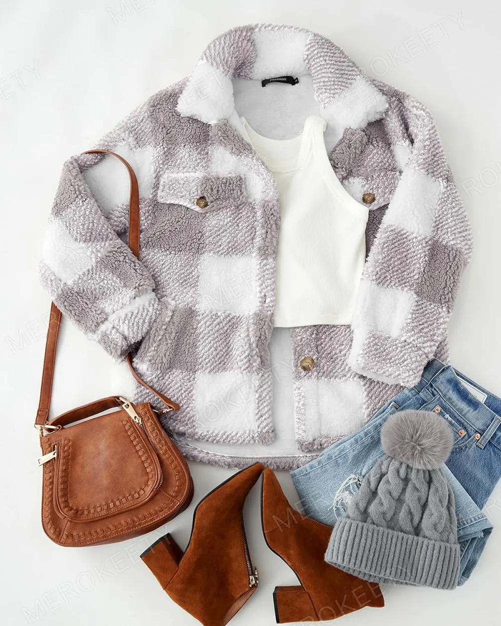 Women's Fleece Plaid Jacket Coats Button Down Lapel Sherpa Shacket Outwear with Pockets