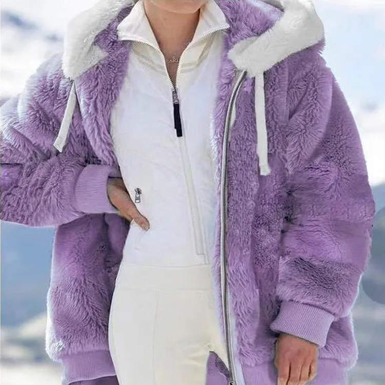 New  Long Plush  Solid Color Hooded Coat