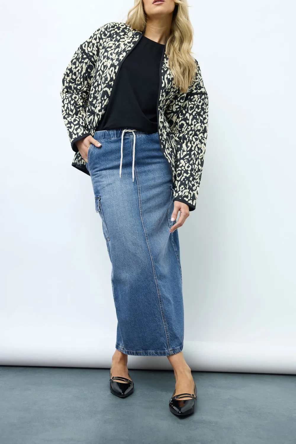 Drawstring Denim Skirt with Cargo Pockets