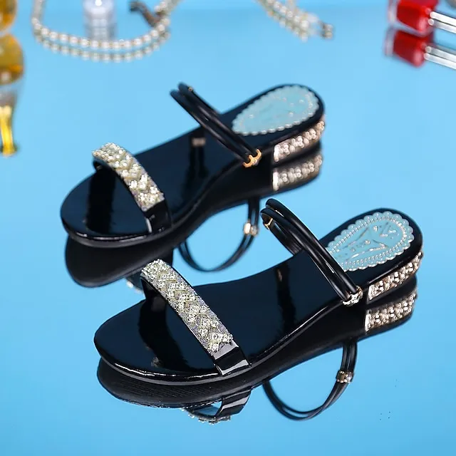Women's Sandals Comfort Shoes Plus Size Wedding Party Daily Summer Rhinestone Low Heel Open Toe Fashion Vintage Elegant Faux Leather Loafer Solid Color Silver Pale Gold Black