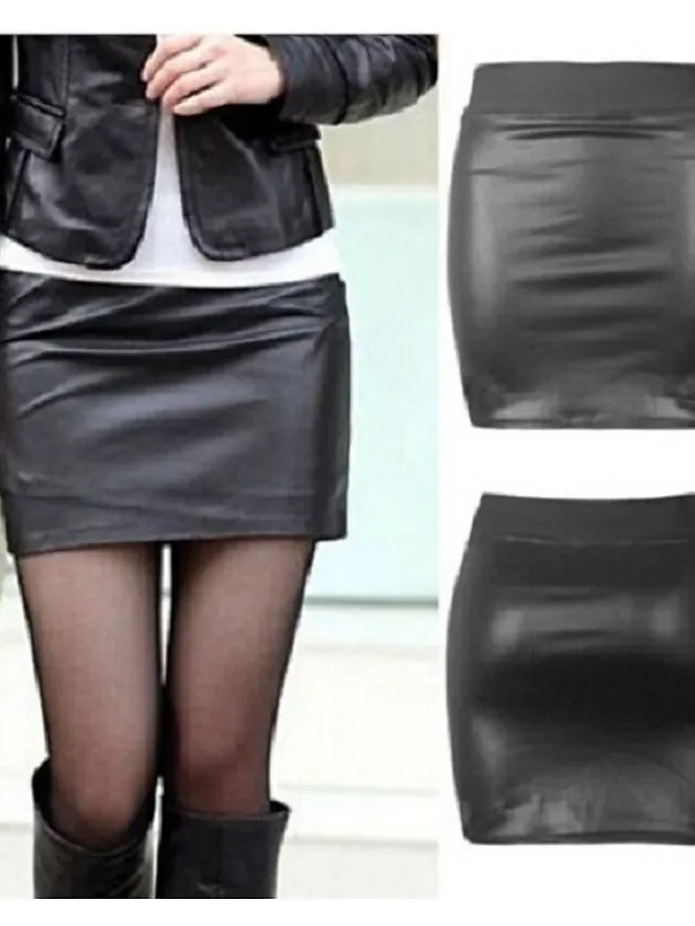 Women's Pencil Bodycon Work Skirts Mini Faux Leather Black Red Brown Skirts Spring High Waist Sexy Daliy S M L