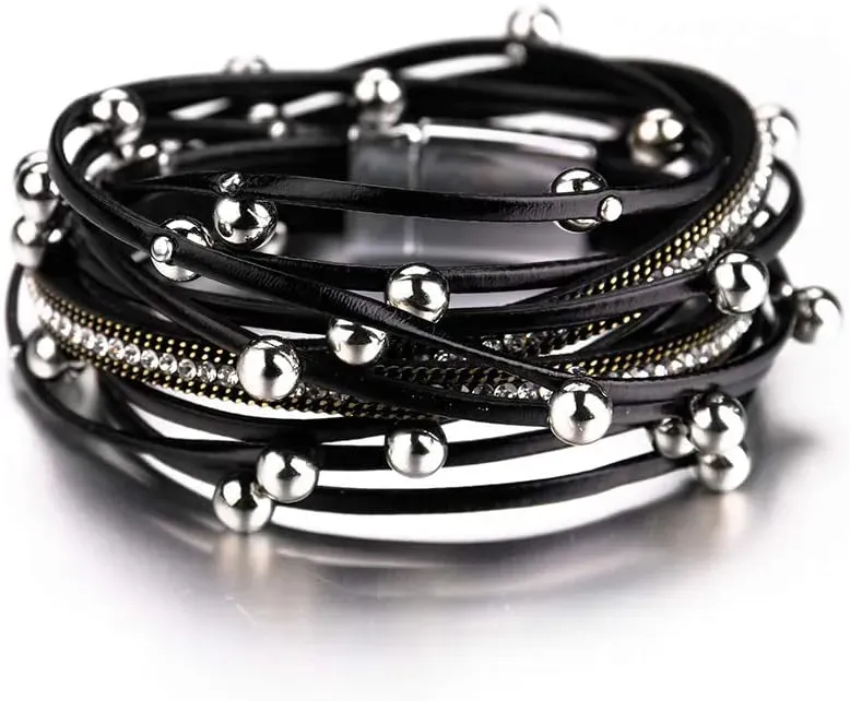 Fesciory Leather Wrap Bracelets for Women, Boho Leopard Multi-Layer Crystal Beads Cuff Bracelet Jewelry