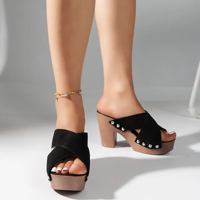 Women's Sandals Block Heel Sandals Outdoor Slippers Corkys Sandals Outdoor Daily Summer Chunky Heel Open Toe Casual Minimalism Suede Loafer Solid Color Black Orange Green