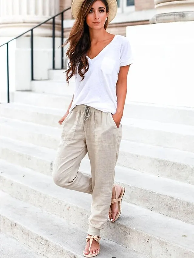 Women's Joggers Linen Pants Baggy Full Length Faux Linen Side Pockets Baggy Mid Waist Fashion Casual Weekend Yellow Army Green S M Autumn / Fall