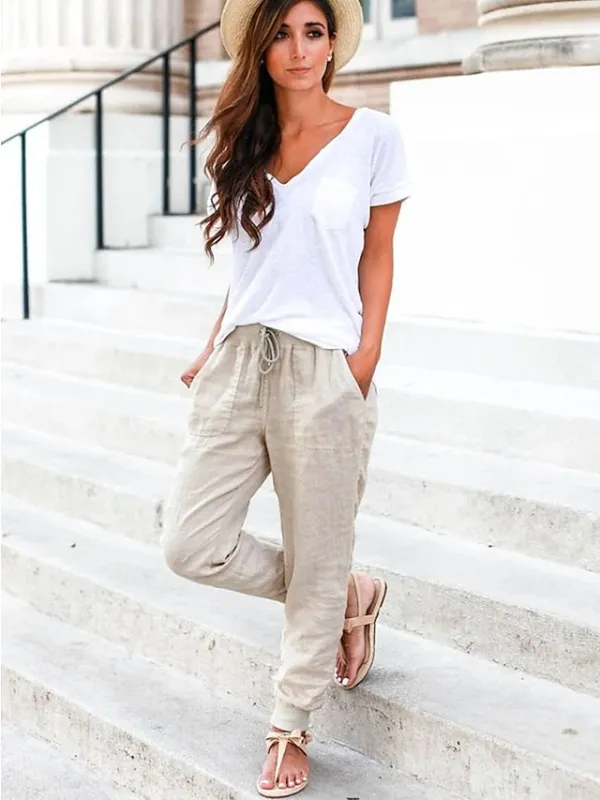 Women's Joggers Linen Pants Baggy Full Length Faux Linen Side Pockets Baggy Mid Waist Fashion Casual Weekend Yellow Army Green S M Autumn / Fall