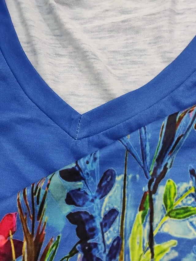 Women's T shirt Tee Black White Blue Graphic Floral Print Short Sleeve Casual Daily Basic V Neck Regular Floral Butterfly S