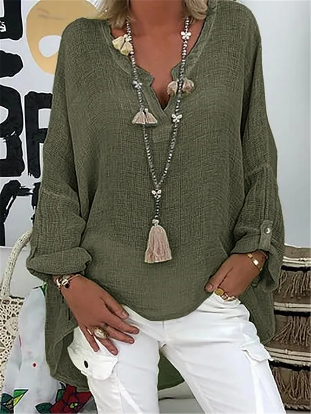 Women's Shirt Blouse Linen Black White Pink Plain Long Sleeve Casual Basic V Neck Regular Fit Spring Fall