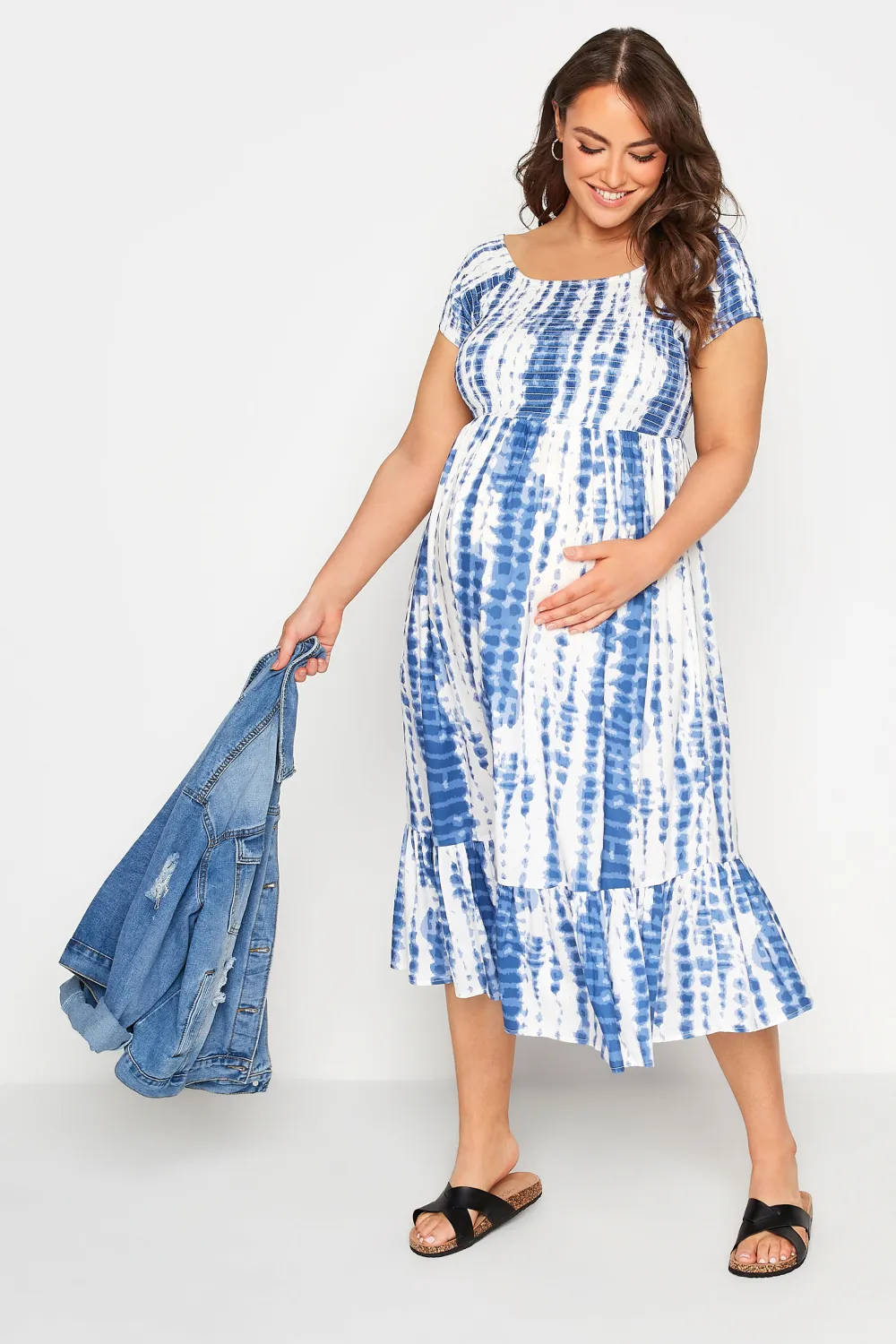 BUMP IT UP MATERNITY Curve Blue Tie Dye Shirred Dress