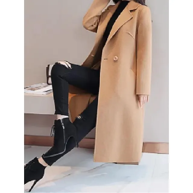 Women's Winter Coat Long Overcoat Double  Breasted Lapel Pea Coat Thermal Warm Windproof Trench Coat Stylish Contemporary Modern Jacket Long Sleeve with Pockets Black Yellow Red