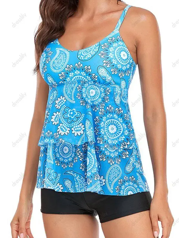 Modest Tankini Swimwear Bohemian Swimsuit Paisley Print Mesh Layered Boyshorts Summer Beach Bathing Suit