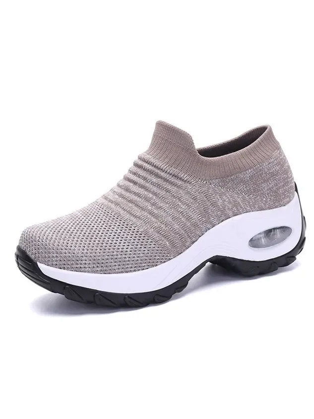 Sports Color Block Breathable Slip On Block Heel Fly Woven Shoes