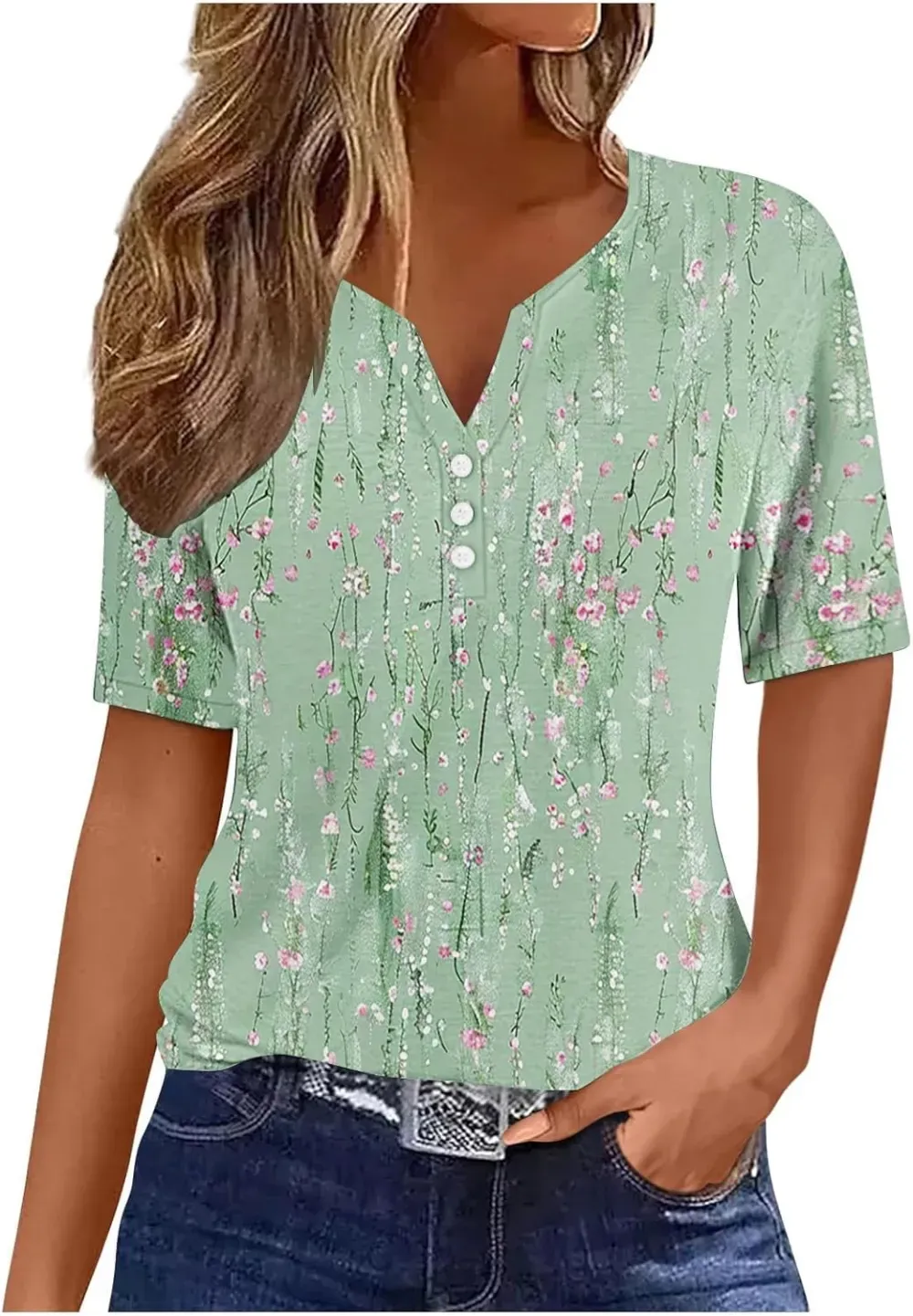 Shirts for Women Casual Printed Summer Tops Short-Sleeved Button V-Neck Tops Blouse Fashion Boho T-Shirts