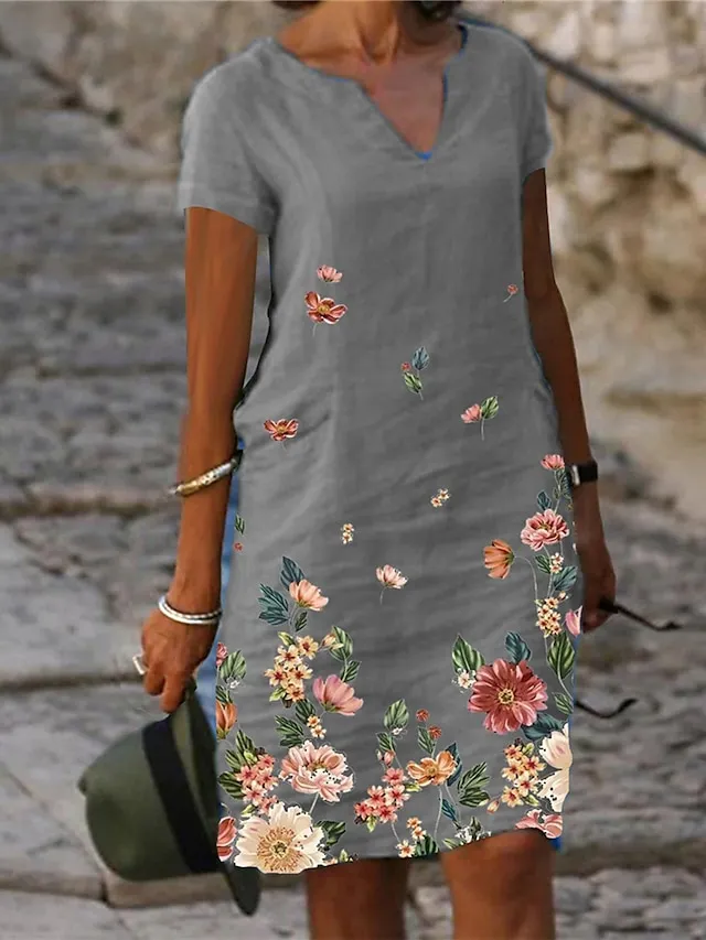 Women's Casual Dress Shift Dress Midi Dress White Green Gray Short Sleeve Flower Print Spring Summer V Neck Basic Daily Vacation Weekend 2023 S M L XL XXL XXXL