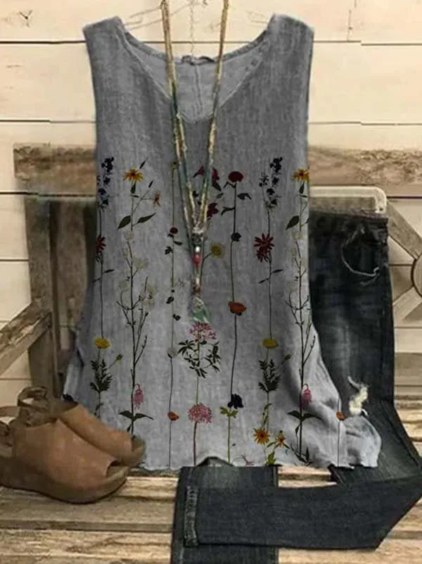 Sleeveless Cotton-Blend Floral-Print Casual Shirts & Tops