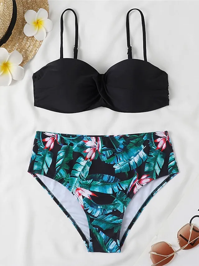 Women's Swimwear Bikini 2 Piece Normal Swimsuit 2 Piece Open Back Sexy Printing High Waisted Floral Leaves Black Yellow Navy Blue Royal Blue Blue Strap Bathing Suits Sexy Vacation Fashion