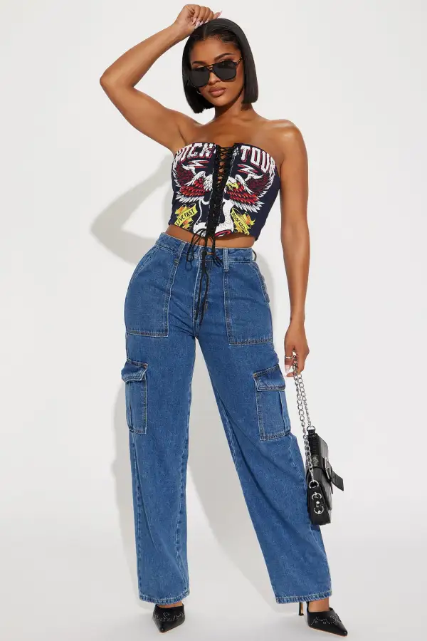 Album Release Lace Up Graphic Top - Navy