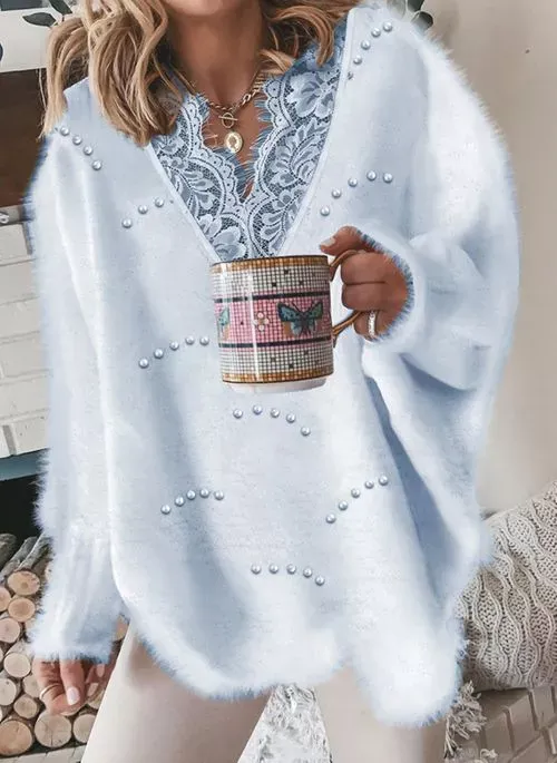 V-neckline Solid Color Casual Lace H-line Sweaters