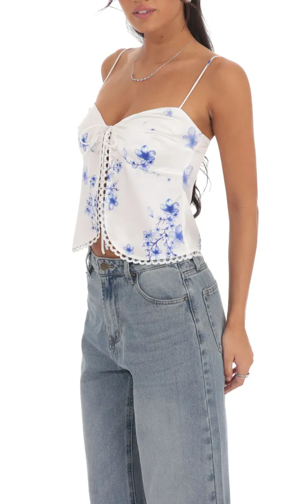 Floral Front Tie Vest Top in White