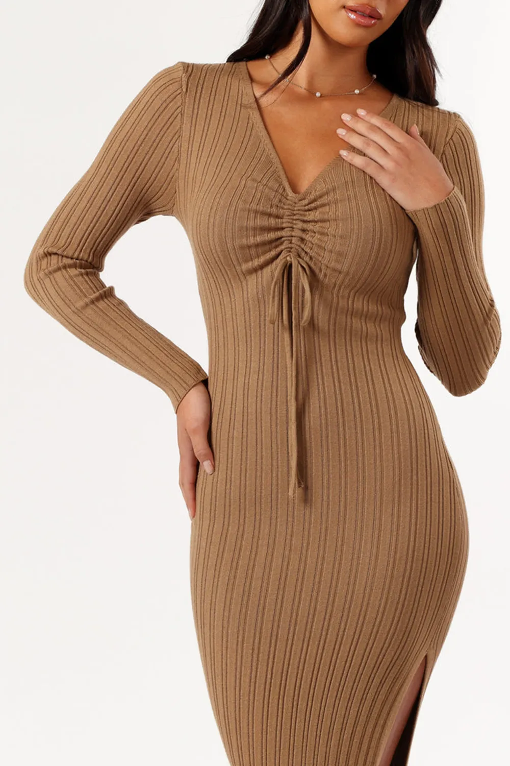 BLACK AND BROWN LONG SLEEVE MIDI DRESS