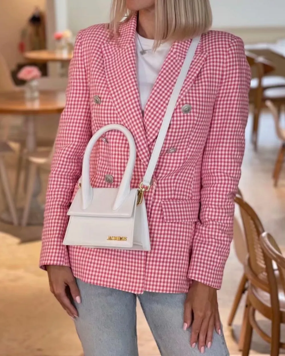 Check Set Double-Breasted Mid-Length Coat