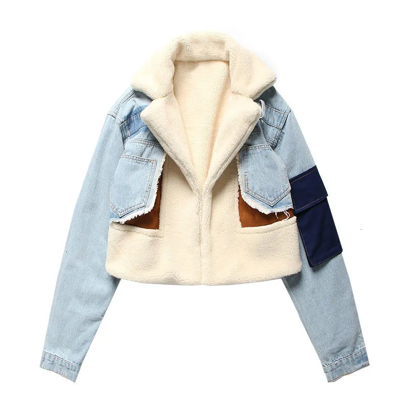 Fashion Plush Denim Stitching Lamb Wool Liner Thickened Short Jacket