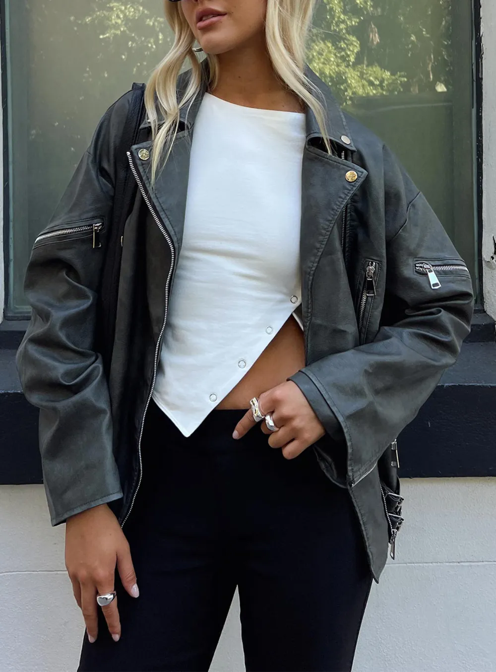 Washed Look Oversized Faux Leather Jacket