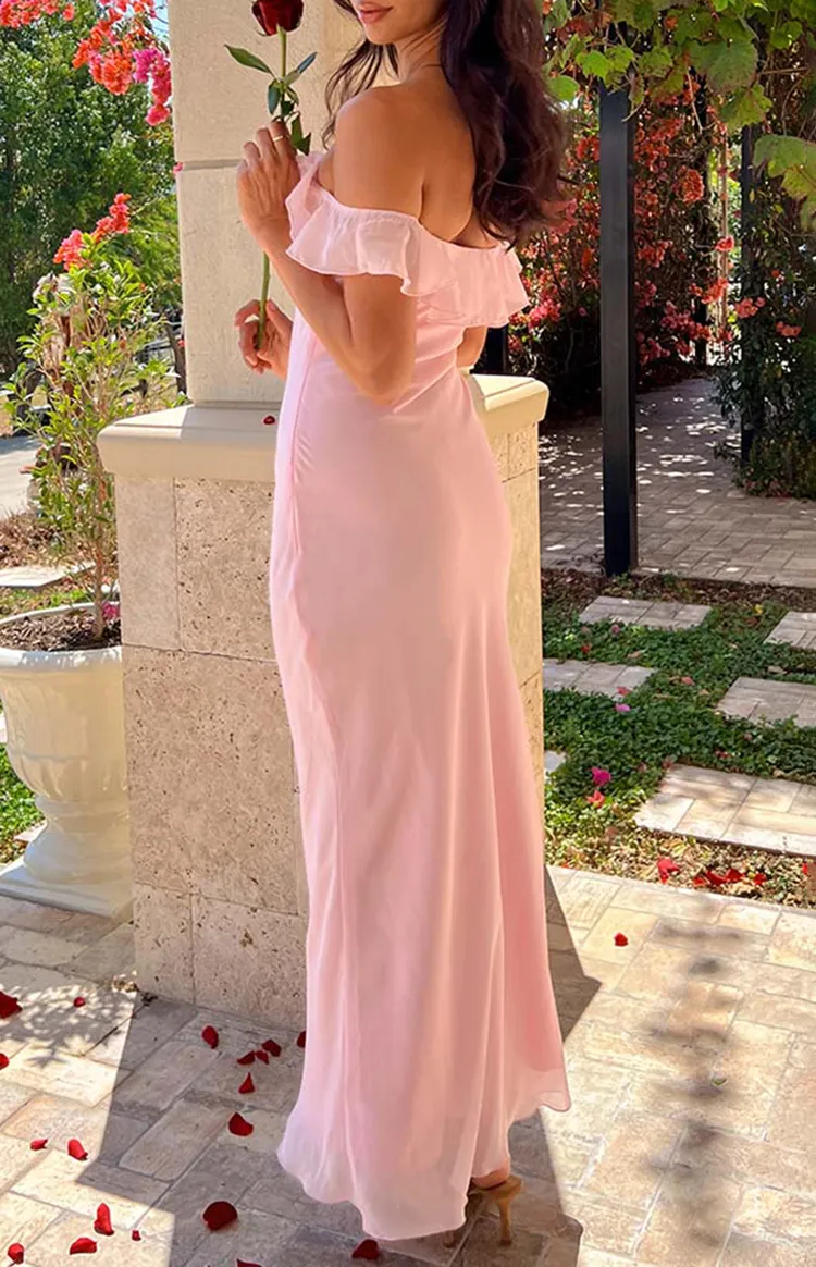 Ruffled Off Shoulder Blush Pink Maxi Dress