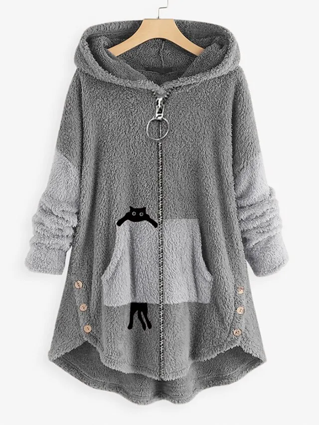 Women's Plus Size Teddy Coat Animal Casual Long Sleeve V Wire Regular Fall Winter Green Pink Dark Gray L XL XXL 3XL 4XL