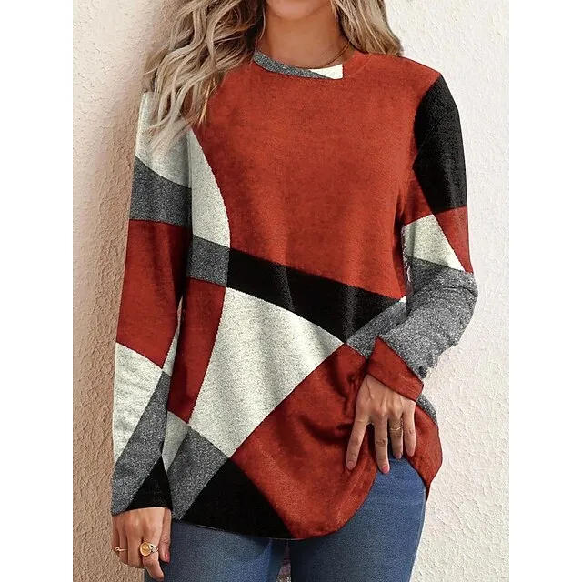 Women's T shirt Tee Red Blue Purple Geometic Color Block Office Basic Round Neck Fall Winter Fall & Winter