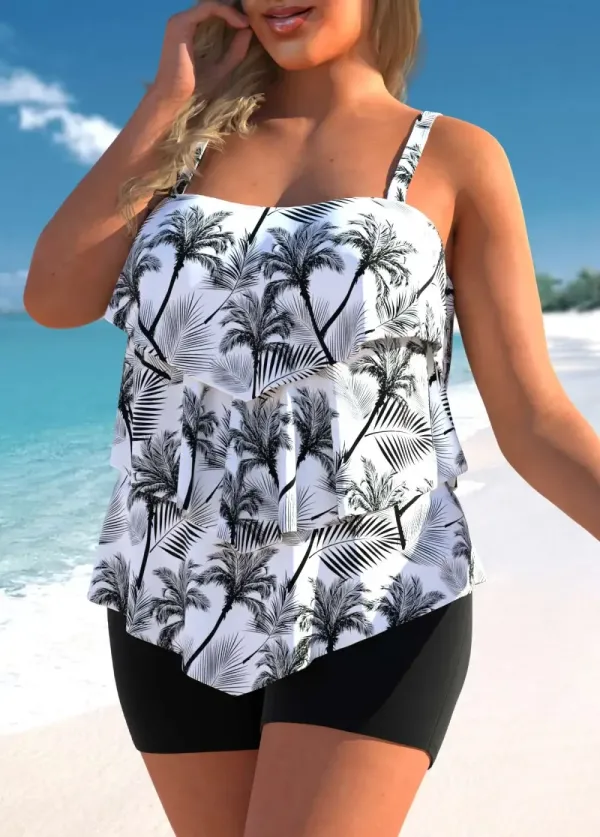 RUFFLE HEM COCONUT TREE PRINT PLUS SIZE TANKINI
