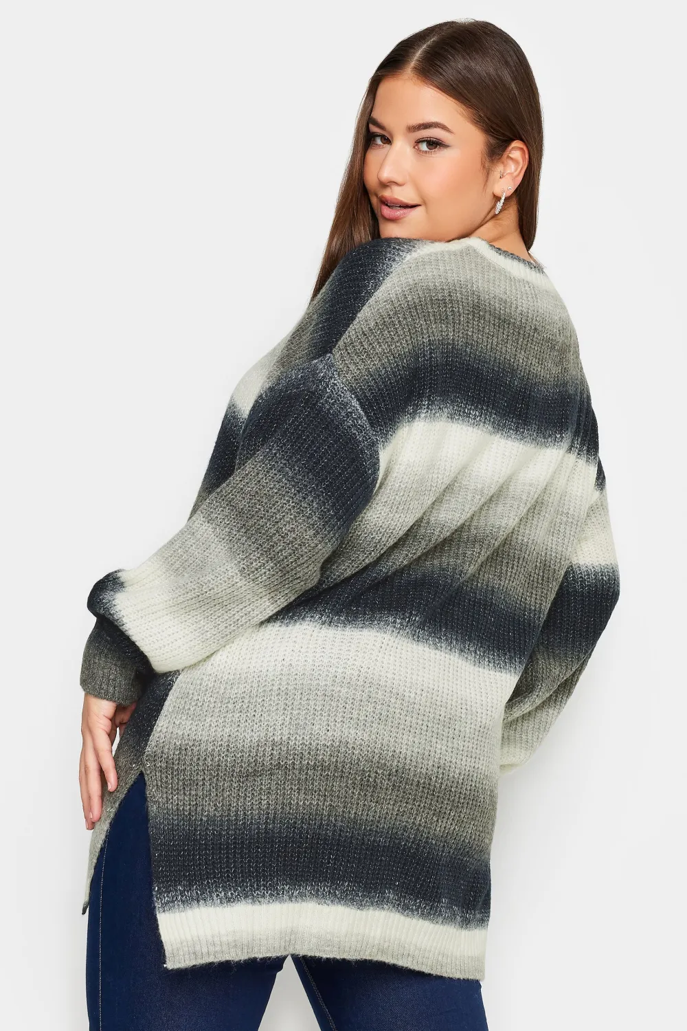 YOURS Curve Black & White Ombre Stripe Print Knitted Jumper