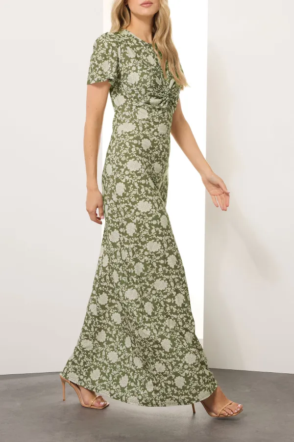 Scooped Neckline Green Floral Ruched Maxi Dress