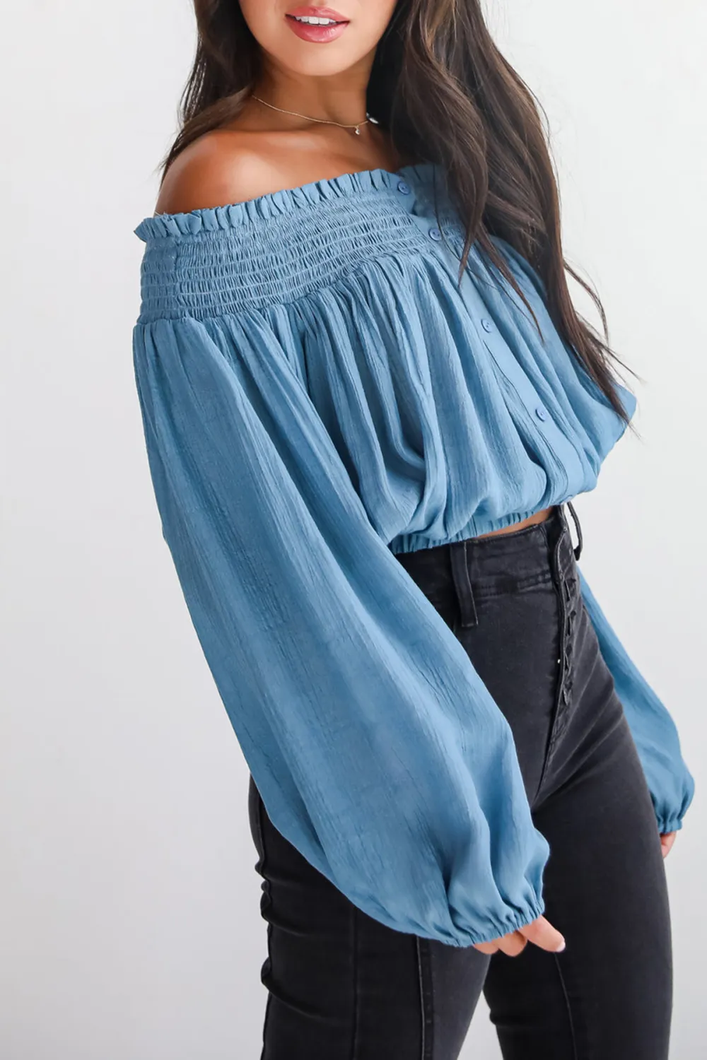 Utterly Pretty Blue Off-The-Shoulder Cropped Blouse